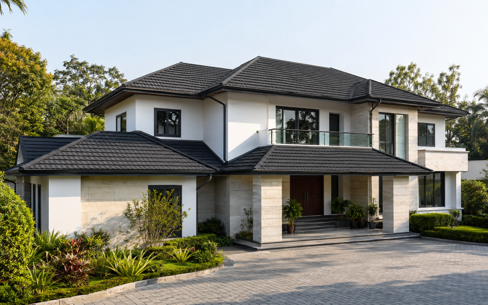 Contemporary villa with a dark architectural roof